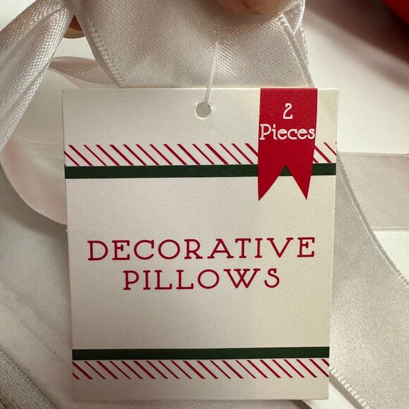 Christmas Throw Pillows Set of 2 Merry Bright Tree 14x14 Holiday Decor Pom Poms - Picture 10 of 11